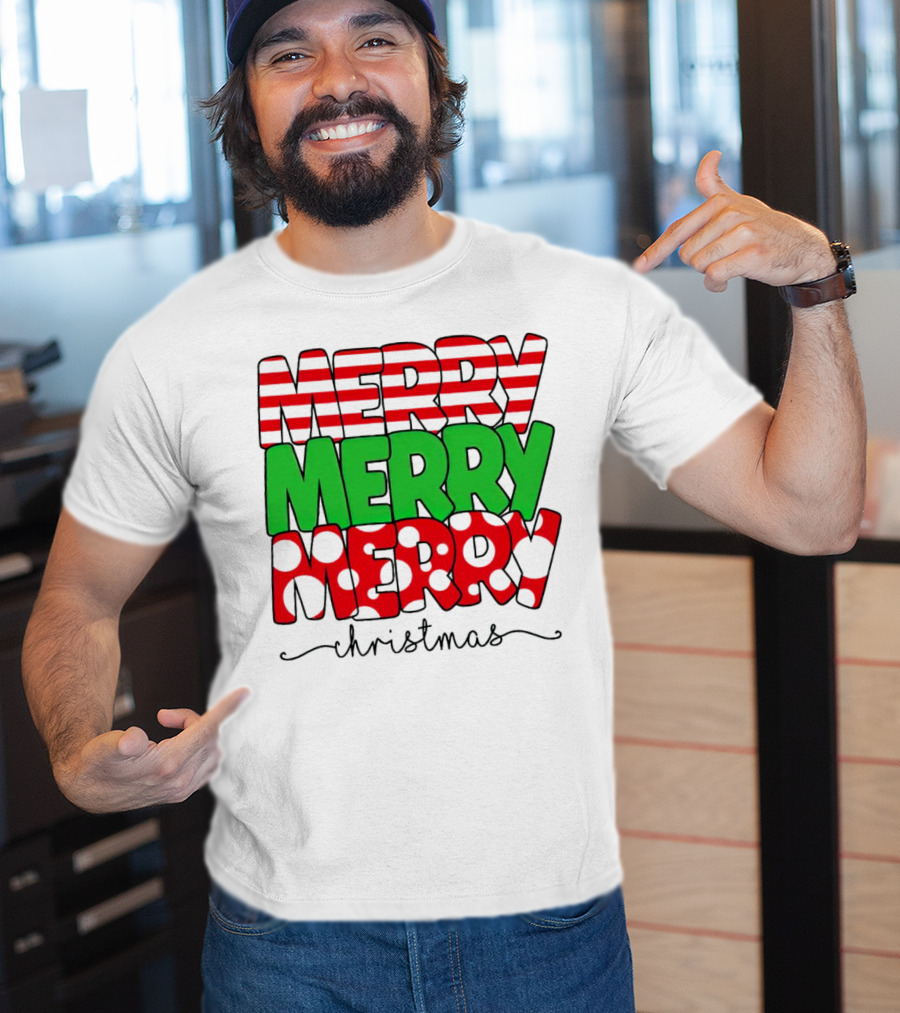 Merry Merry Merry Christmas Stripes And Polka Dots T-Shirt
