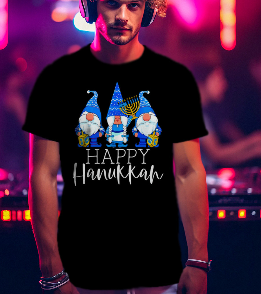 Gnomes Celebrating Hanukkah With Menorah And Dreidel T-Shirt