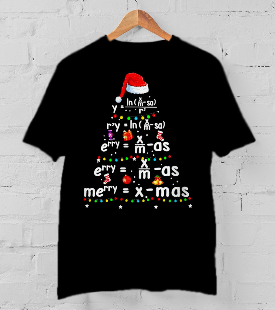 Merry Christmas Tree Math Equations In Santa Hat Form With Holiday Icons T-Shirt
