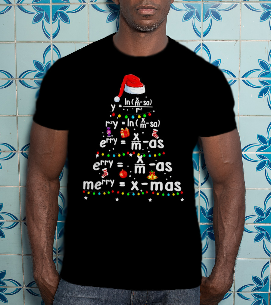 Merry Christmas Tree Math Equations In Santa Hat Form With Holiday Icons T-Shirt