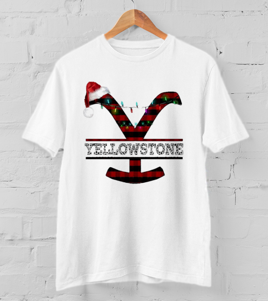 Yellowstone Christmas Santa Hat Lights Buffalo Plaid T-Shirt