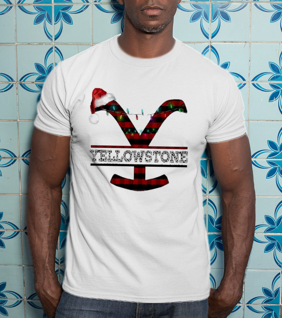 Yellowstone Christmas Santa Hat Lights Buffalo Plaid T-Shirt