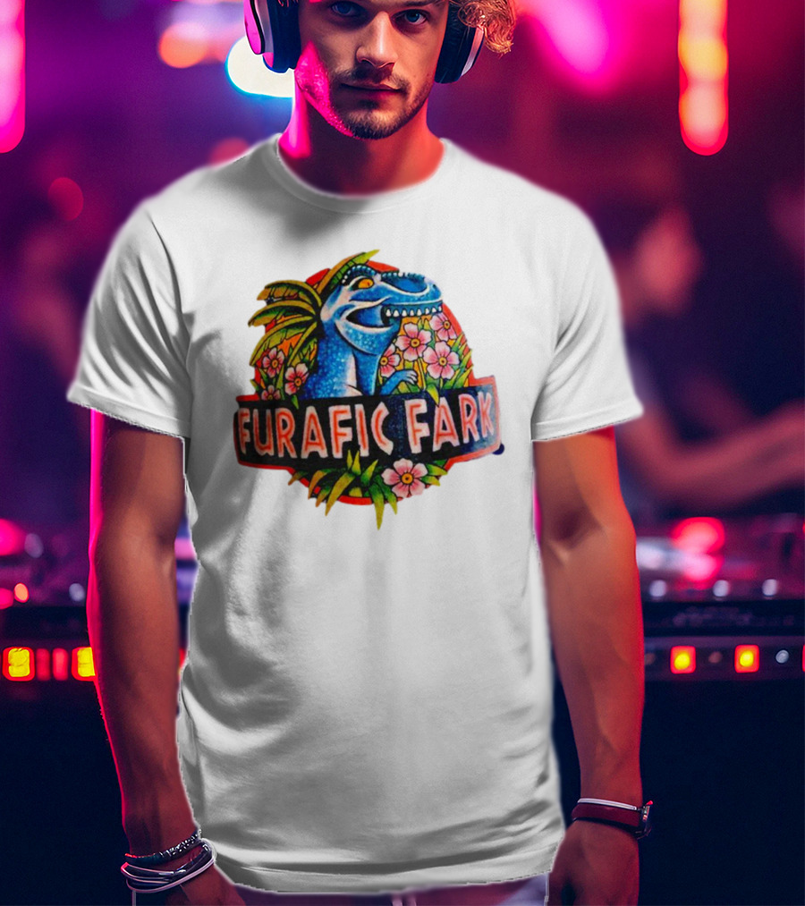 Furafic Fark Dinosaur With Tropical Flowers And Palm Leaves T-Shirt