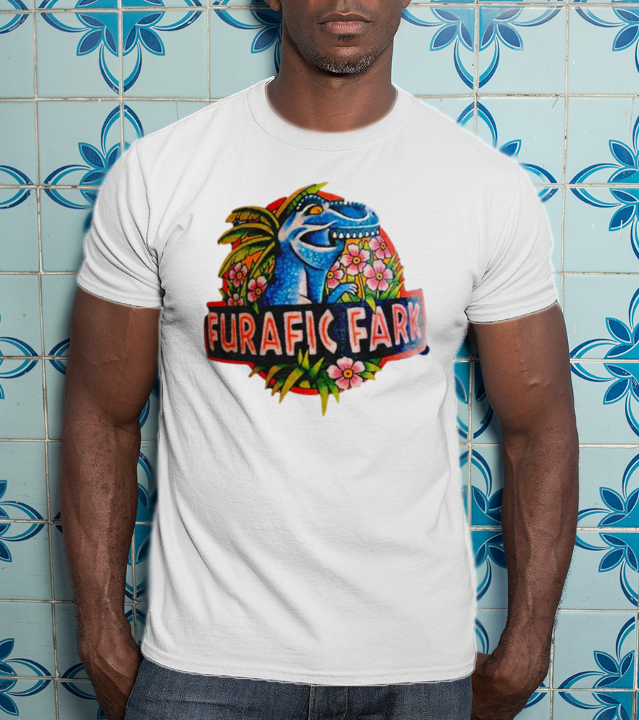 Furafic Fark Dinosaur With Tropical Flowers And Palm Leaves T-Shirt