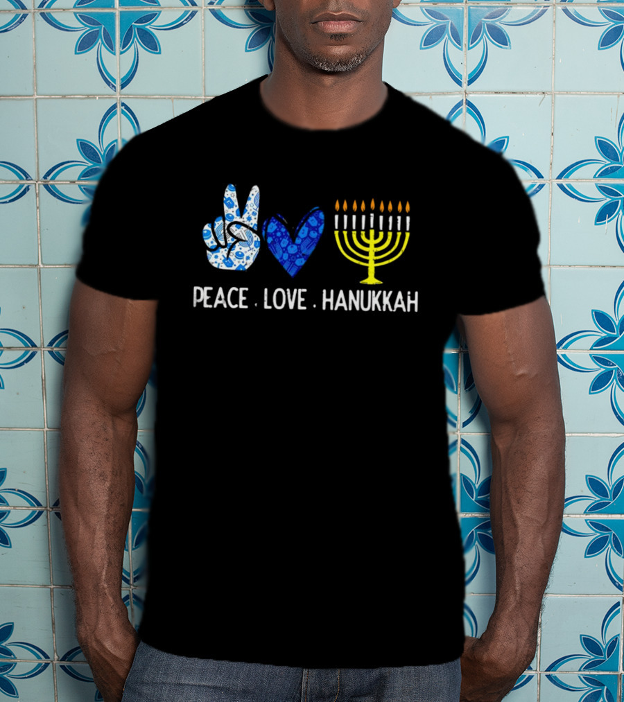 Peace Love Hanukkah Menorah Symbol Blue T-Shirt
