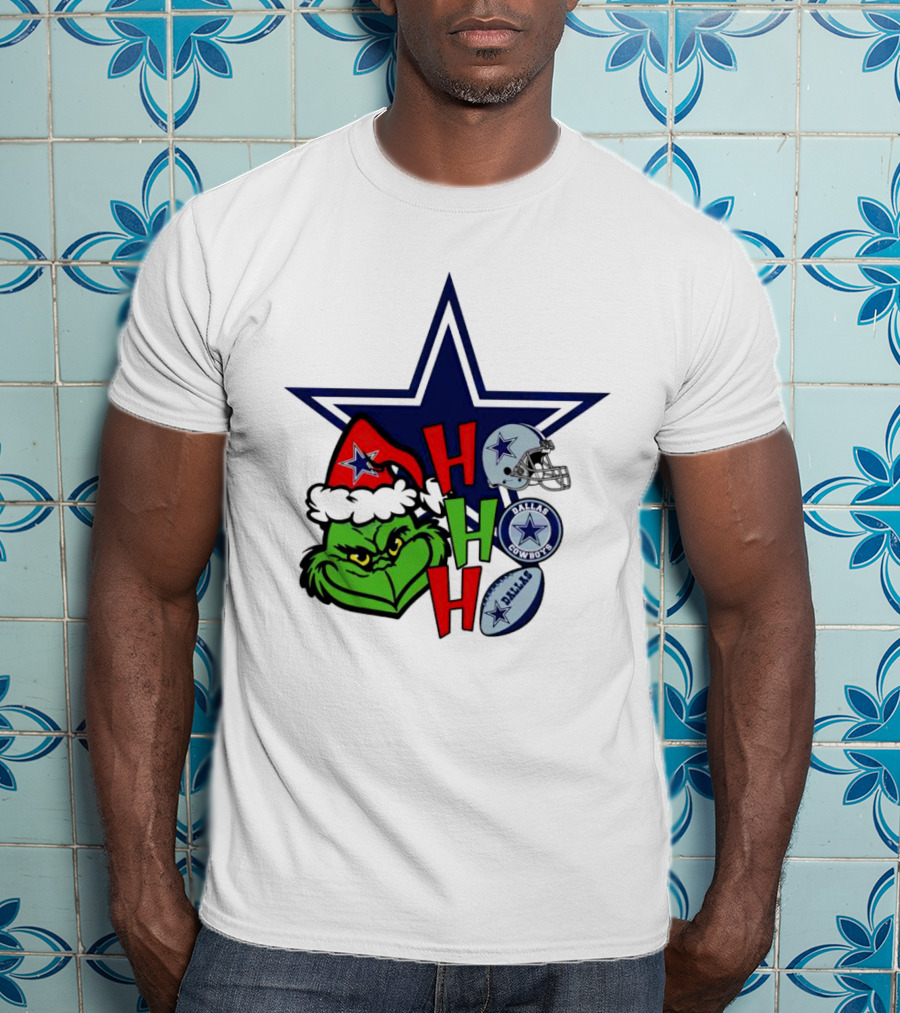 Santa Grinch Ho Ho Ho Dallas Cowboys Christmas Star Helmet T-Shirt