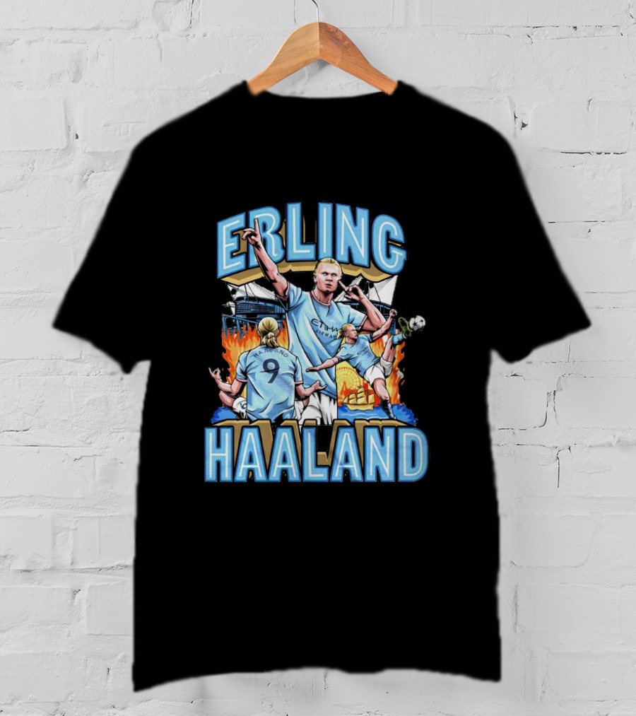 Erling Haaland MCFC Soccer Collage With Fiery Stadium Background T-Shirt