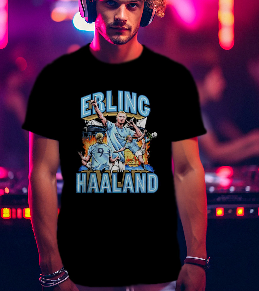 Erling Haaland MCFC Soccer Collage With Fiery Stadium Background T-Shirt