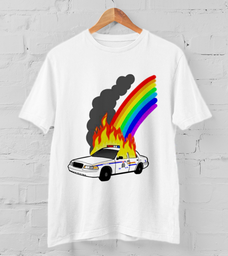 Police Car On Fire With Rainbow Flames T-Shirt
