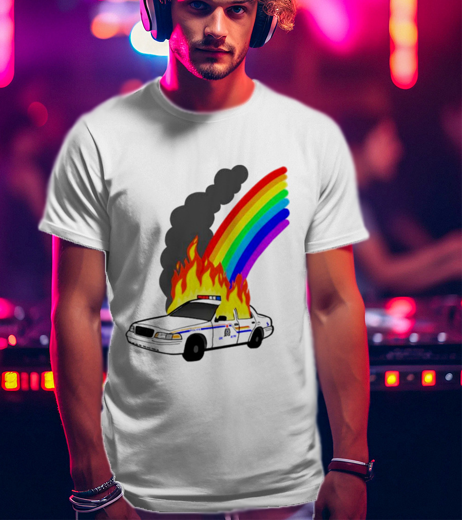 Police Car On Fire With Rainbow Flames T-Shirt