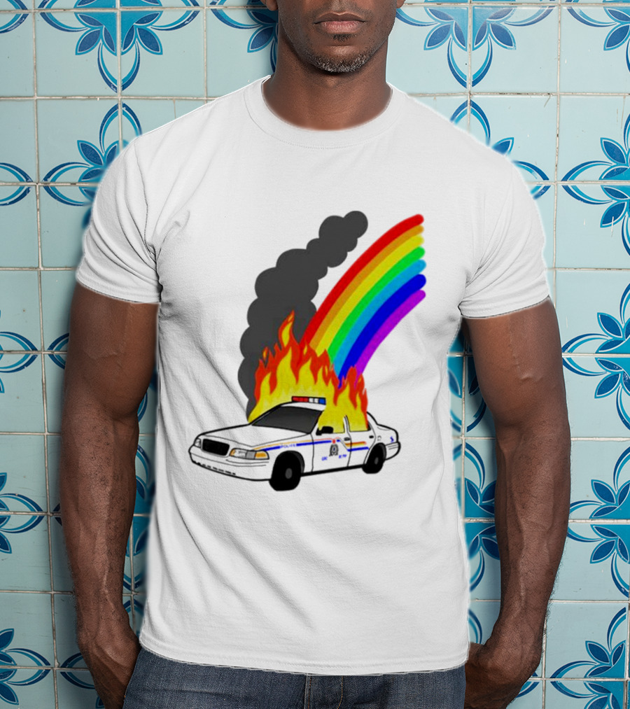 Police Car On Fire With Rainbow Flames T-Shirt