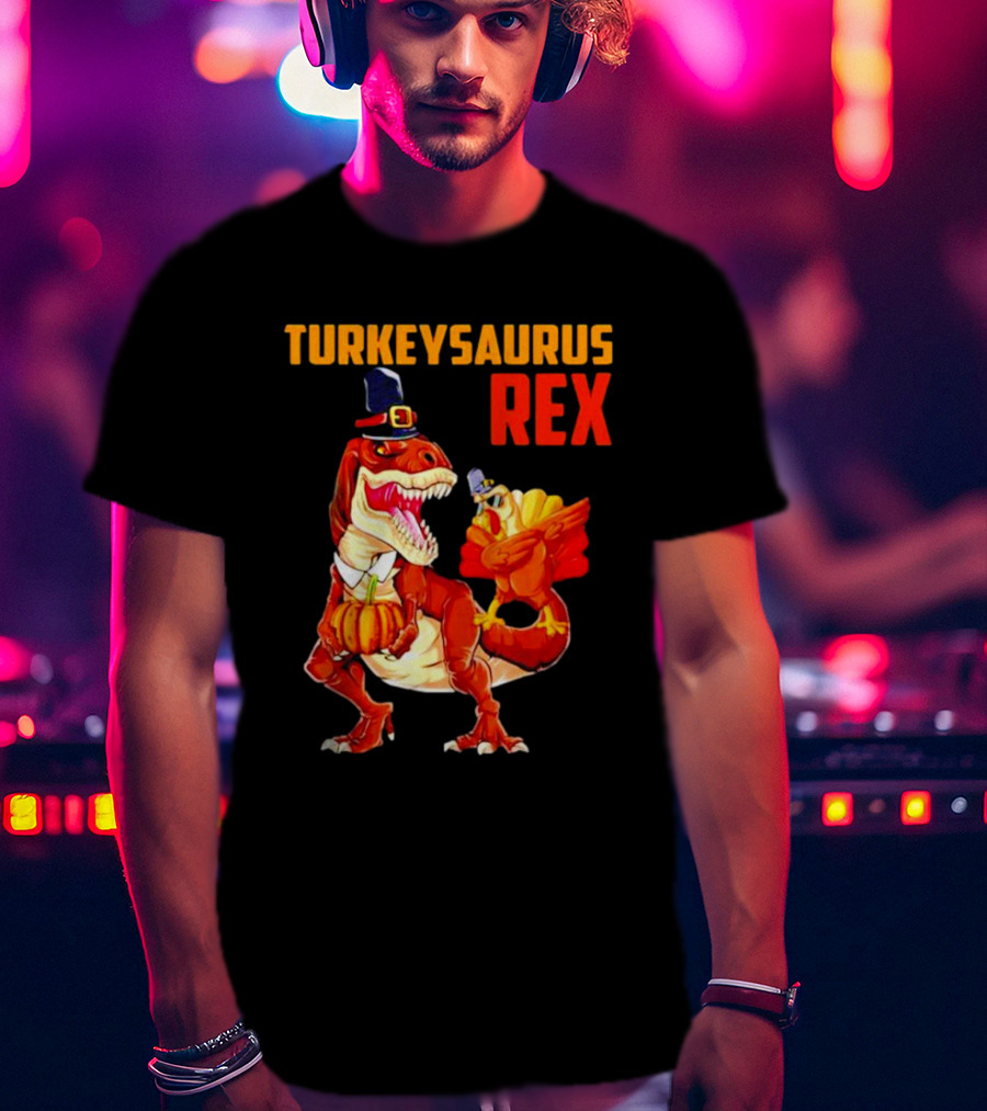 Turkeysaurus Rex Thanksgiving Dinosaur Holding Pumpkin And Turkey With Pilgrim Hat T-Shirt