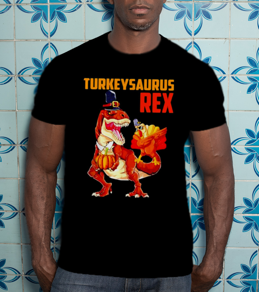 Turkeysaurus Rex Thanksgiving Dinosaur Holding Pumpkin And Turkey With Pilgrim Hat T-Shirt