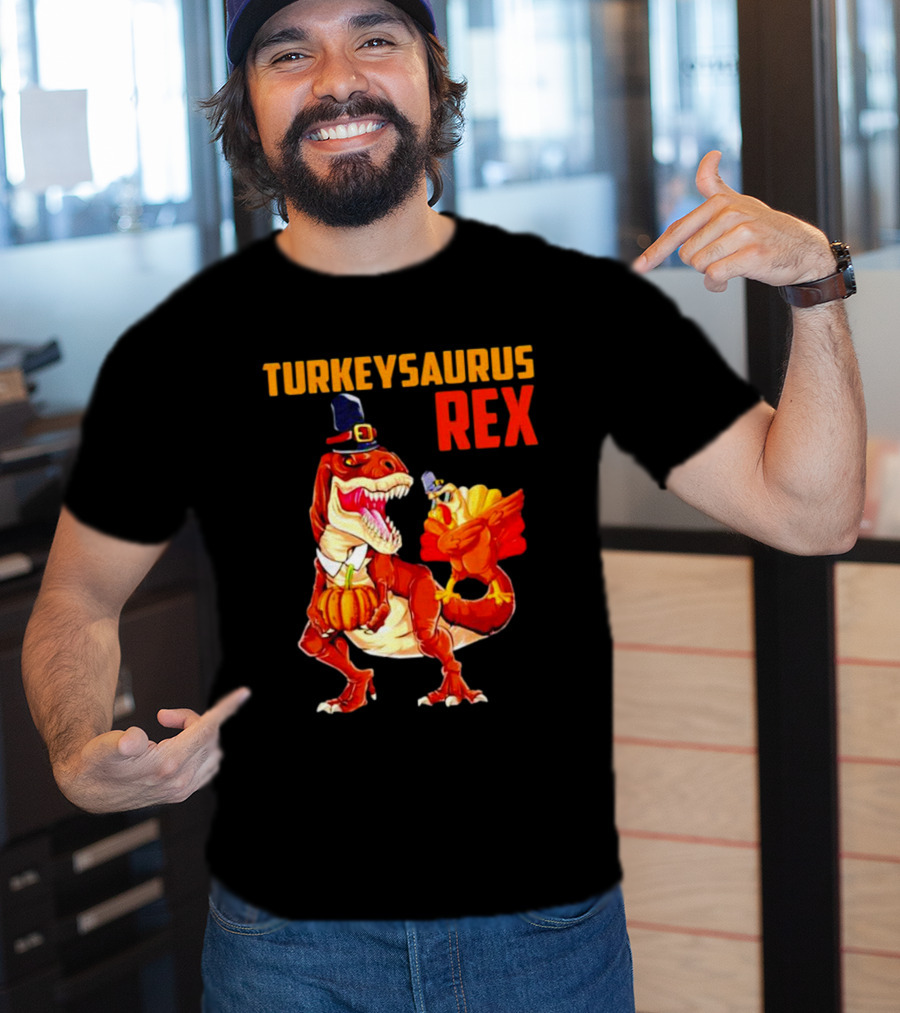 Turkeysaurus Rex Thanksgiving Dinosaur Holding Pumpkin And Turkey With Pilgrim Hat T-Shirt
