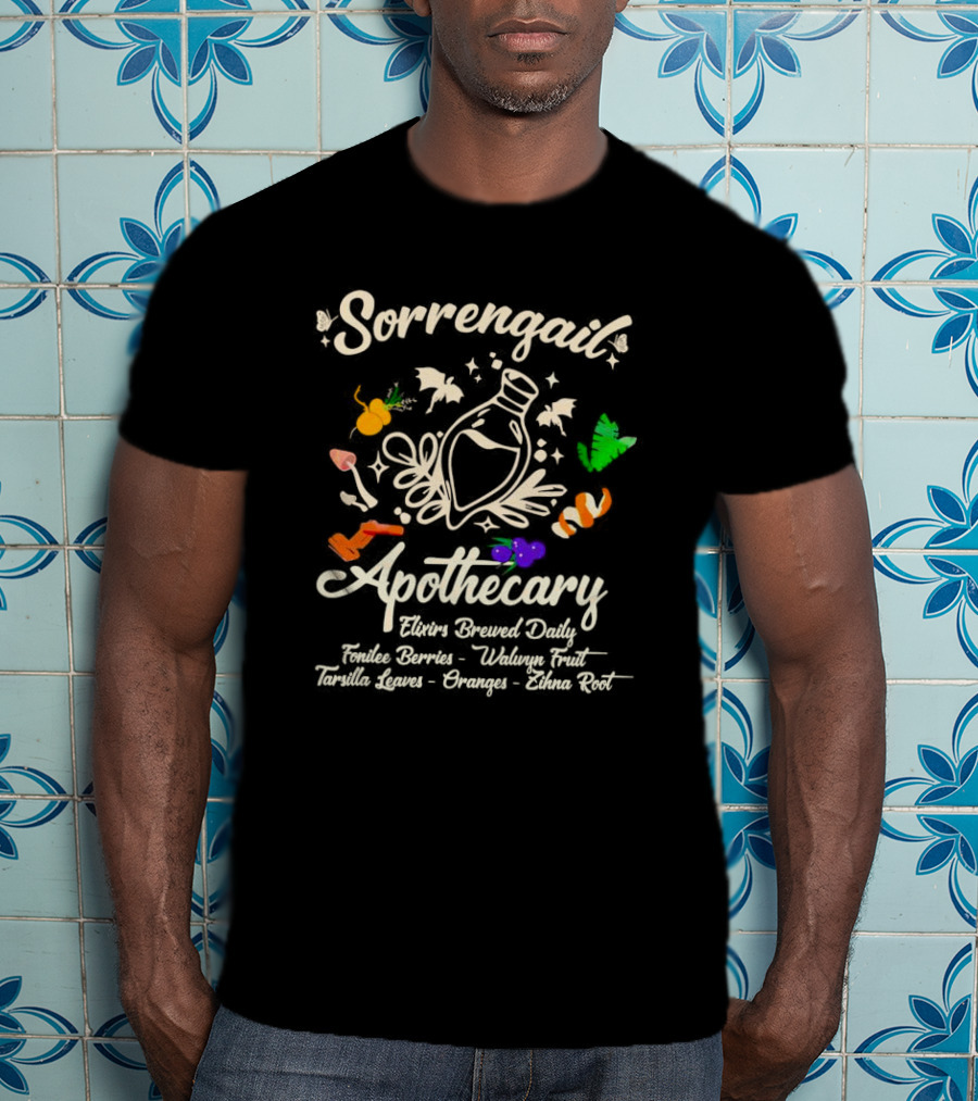 Sorrengail Apothecary Elixirs Brewed Daily Fonilee Berries Waluyn Fruit Tarsilla Leaves Oranges Zihna Root T-Shirt
