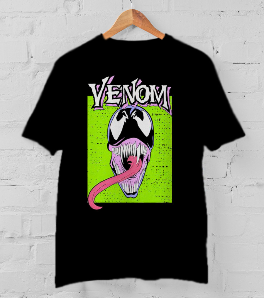 Venom Marvel Neon Pink Tongue Green Background T-Shirt