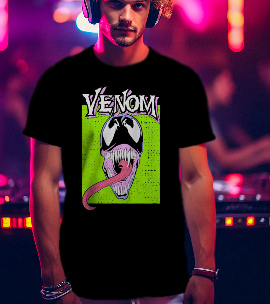 Venom Marvel Neon Pink Tongue Green Background T-Shirt