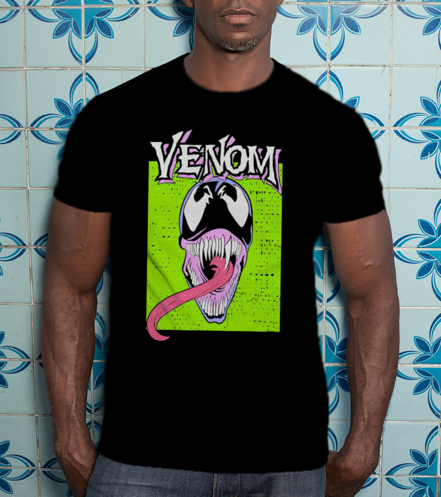 Venom Marvel Neon Pink Tongue Green Background T-Shirt