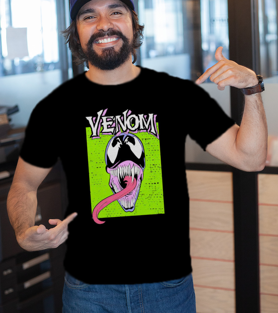 Venom Marvel Neon Pink Tongue Green Background T-Shirt