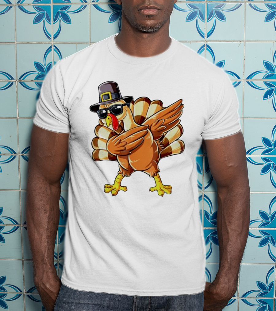 Thanksgiving Turkey Dabbing With Pilgrim Hat And Sunglasses T-Shirt
