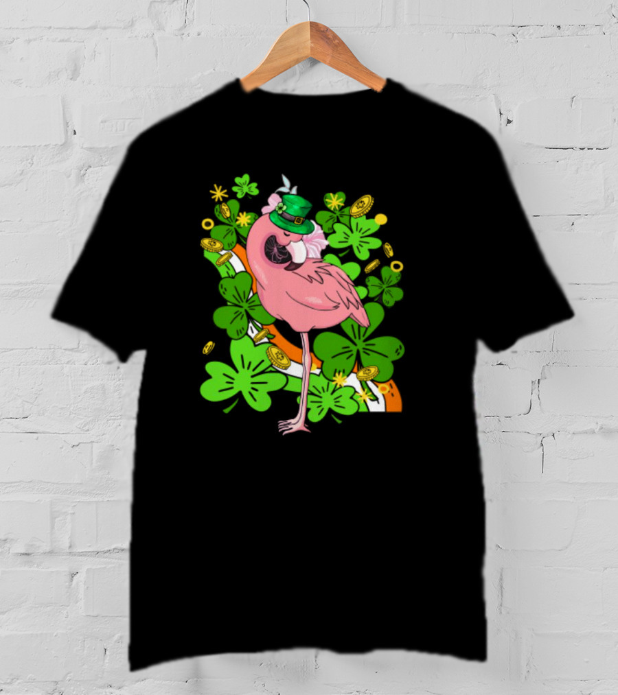 Flamingo St Patricks Day Pink Bird Shamrocks And Leprechaun Hat With Gold Coins T-Shirt