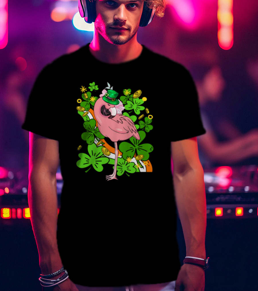 Flamingo St Patricks Day Pink Bird Shamrocks And Leprechaun Hat With Gold Coins T-Shirt