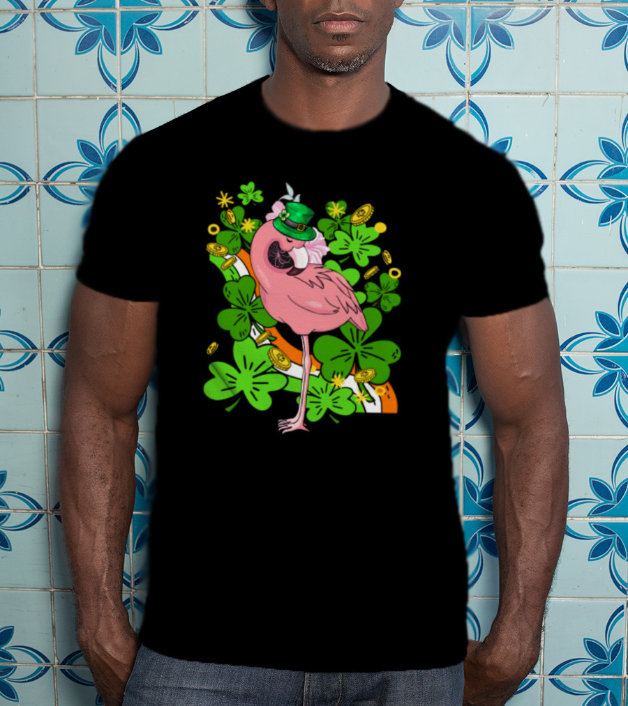 Flamingo St Patricks Day Pink Bird Shamrocks And Leprechaun Hat With Gold Coins T-Shirt