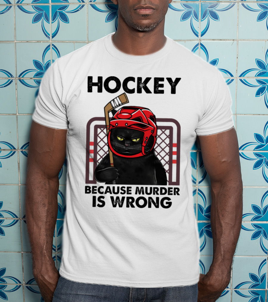 Hockey Cat In Red Helmet Because Murder Is Wrong T-Shirt