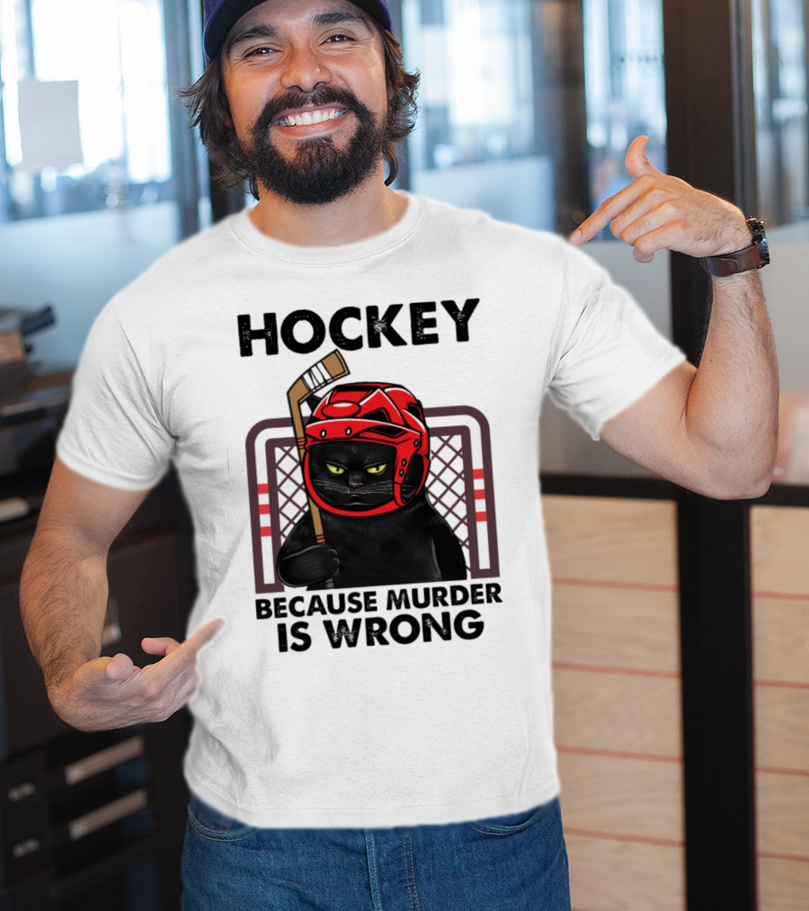 Hockey Cat In Red Helmet Because Murder Is Wrong T-Shirt
