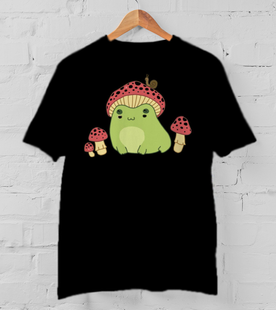 Kawaii Frog Wearing Mushroom Hat With Snail And Red Mushrooms T-Shirt