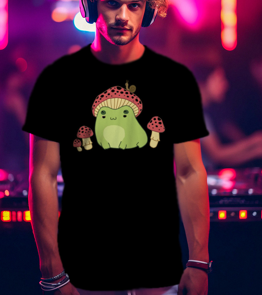 Kawaii Frog Wearing Mushroom Hat With Snail And Red Mushrooms T-Shirt