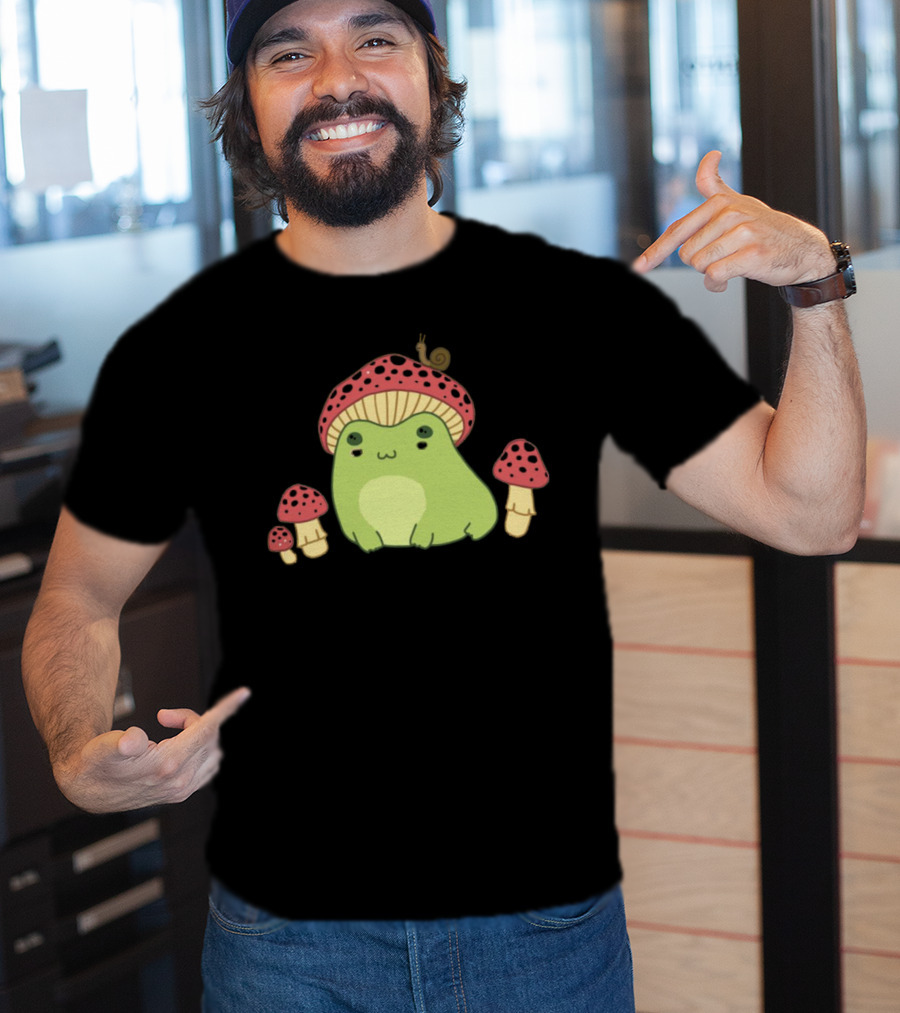 Kawaii Frog Wearing Mushroom Hat With Snail And Red Mushrooms T-Shirt