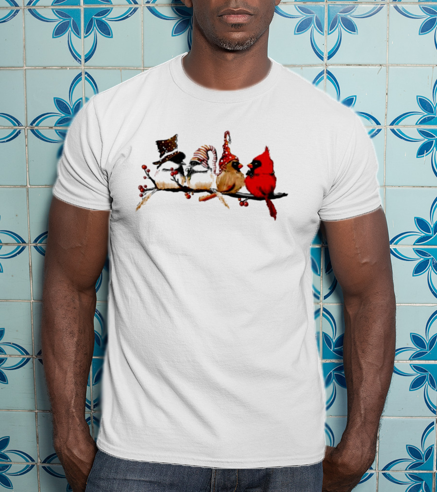 Cardinals Chickadees Christmas Birds On Branch With Festive Hats T-Shirt