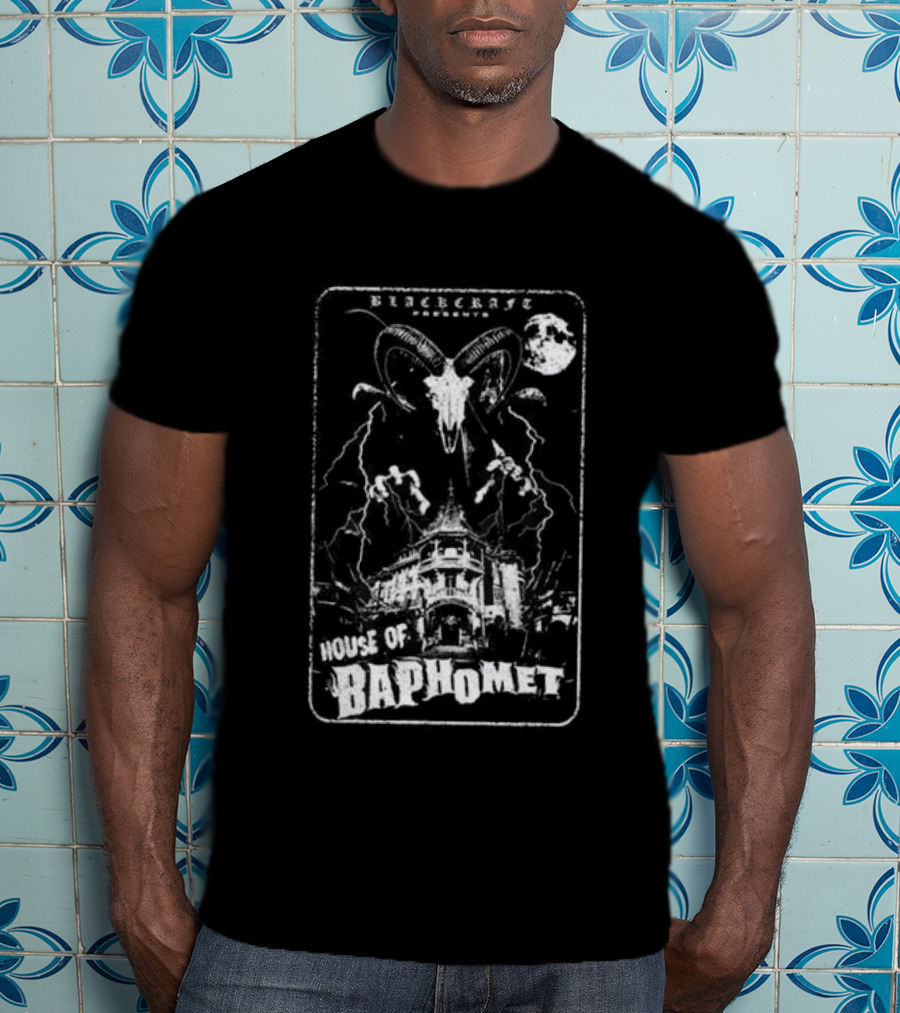 Blackcraft Cult Blackcraft Presents House Of Baphomet Goat Head Lightning Full Moon Dark T-Shirt