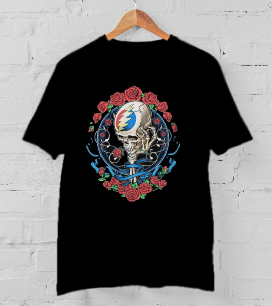 Original Grateful Dead Steal Your Face Nouveau Skull With Roses And Lightning Bolt Emblem T-Shirt