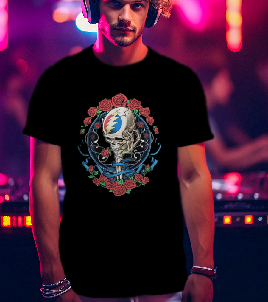 Original Grateful Dead Steal Your Face Nouveau Skull With Roses And Lightning Bolt Emblem T-Shirt