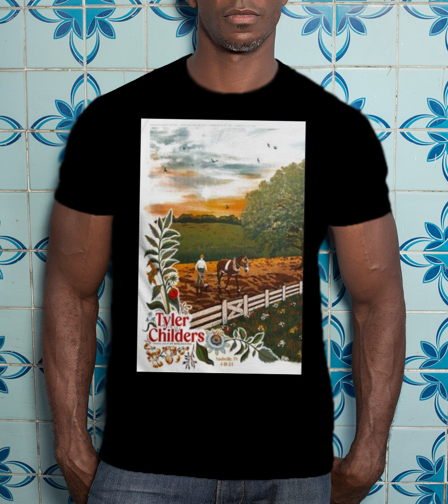 Tyler Childers Nashville TN 4 18 23 Horse Farm Scene With Flowers T-Shirt