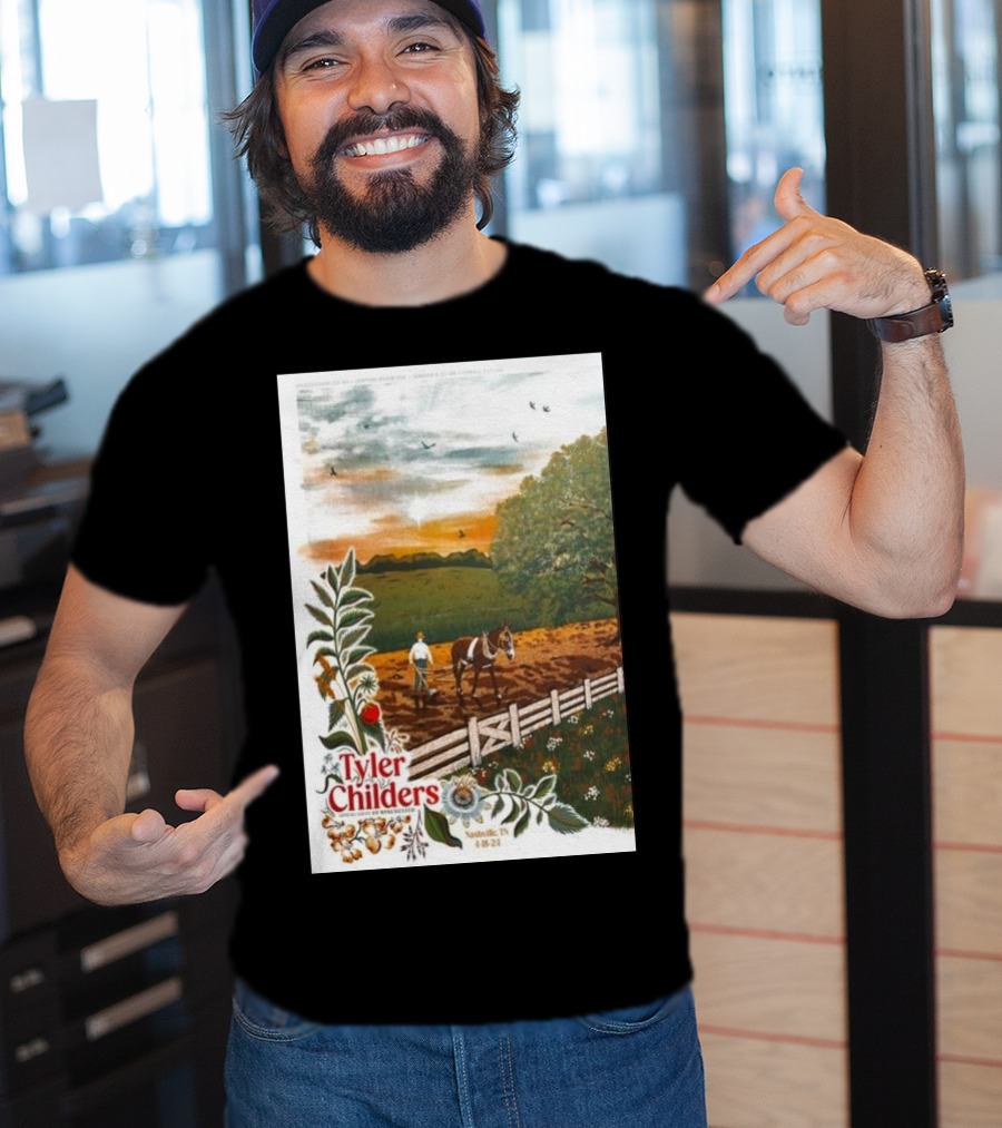 Tyler Childers Nashville TN 4 18 23 Horse Farm Scene With Flowers T-Shirt
