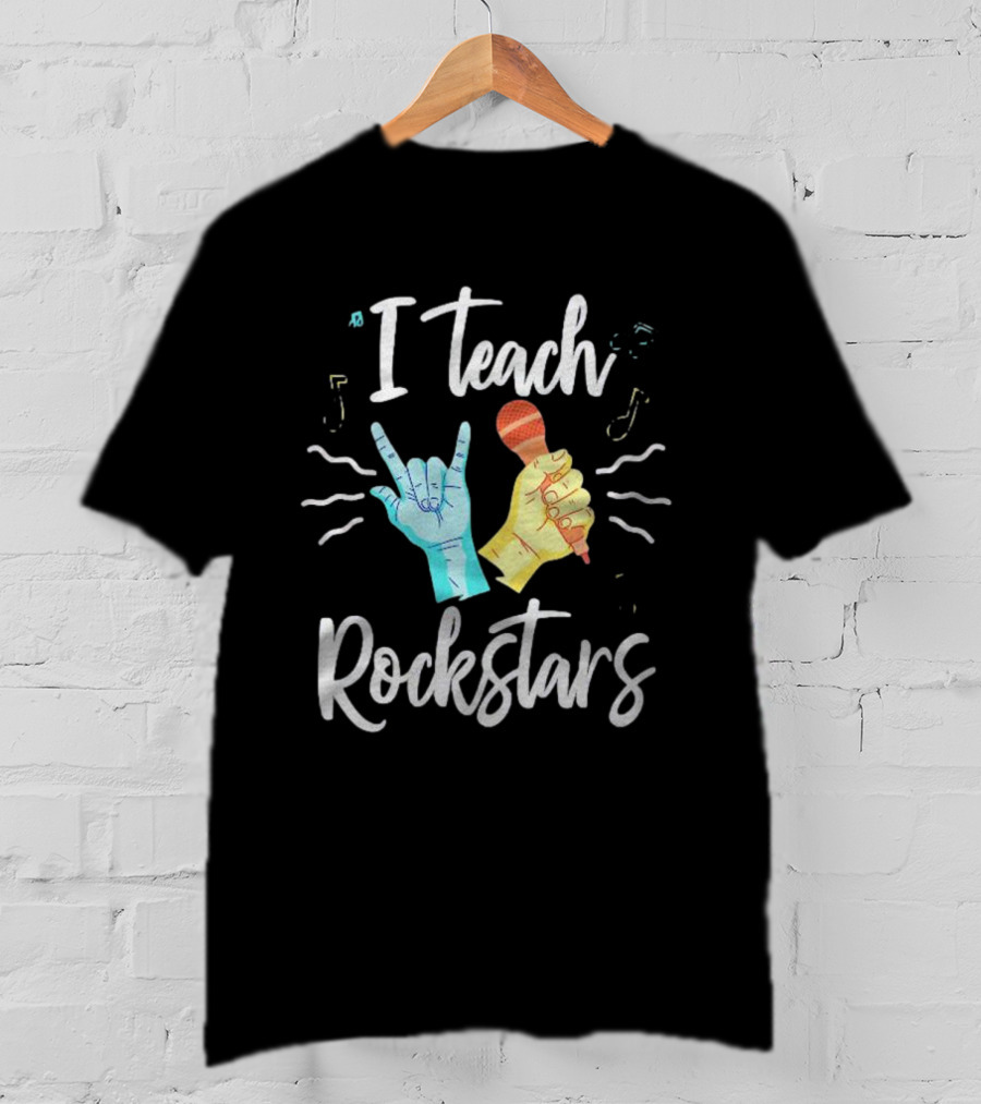I Teach Rock Stars Music Teacher With Microphone And Rock Hand Gesture T-Shirt