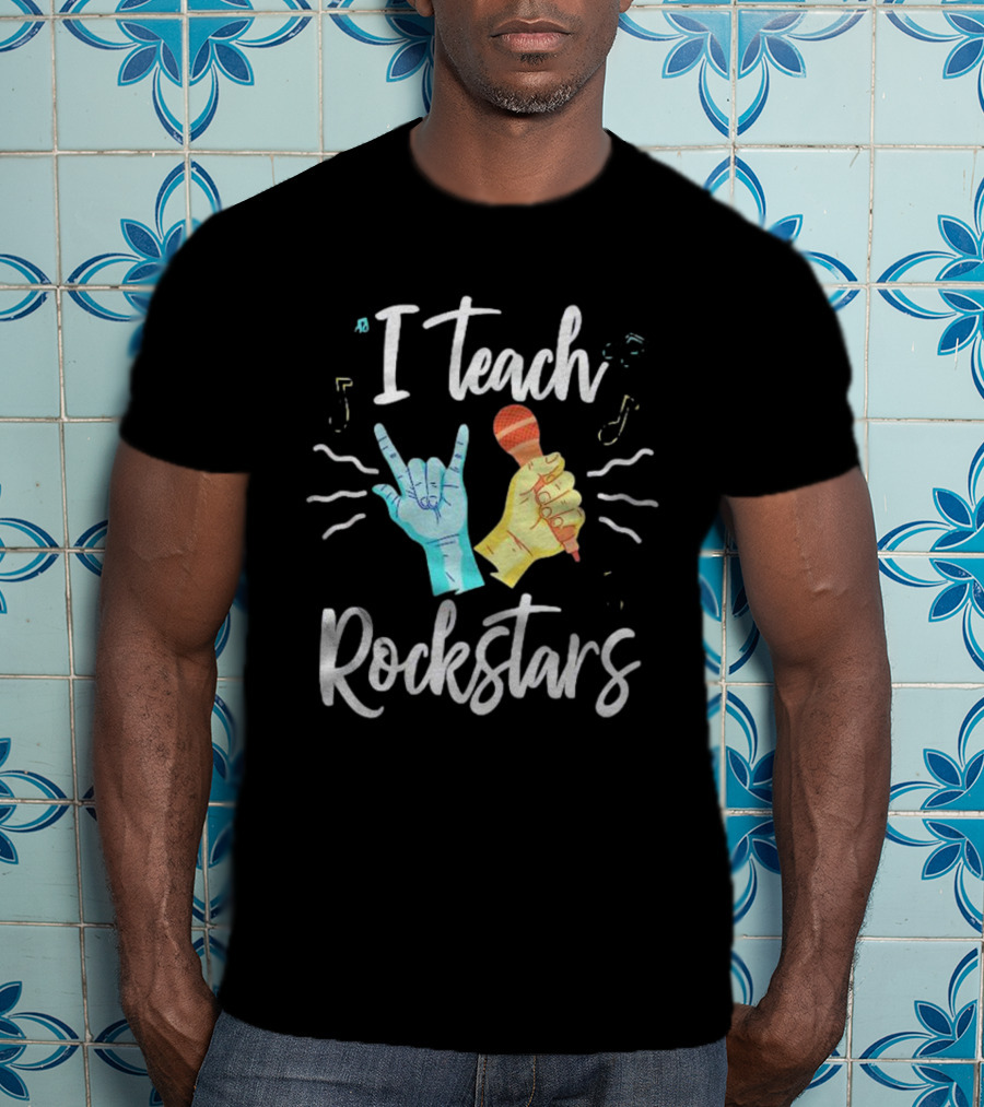 I Teach Rock Stars Music Teacher With Microphone And Rock Hand Gesture T-Shirt