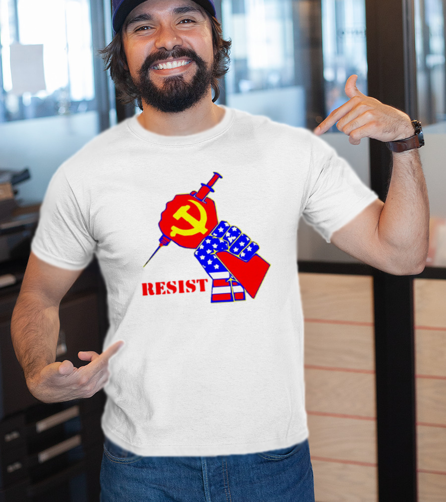 RESIST Communist Hammer And Sickle American Flag Fist Syringe T-Shirt