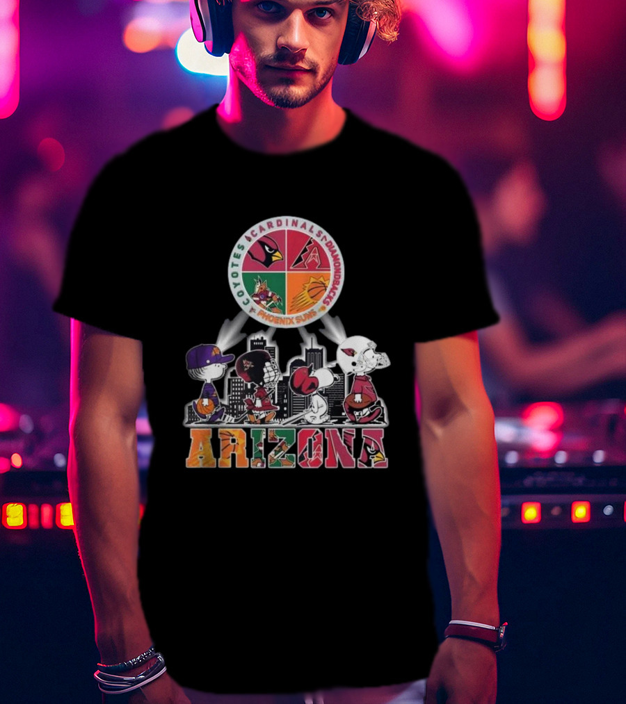 Snoopy Arizona Coyotes Cardinals Diamondbacks Phoenix Suns Peanuts Characters City Skyline T-Shirt
