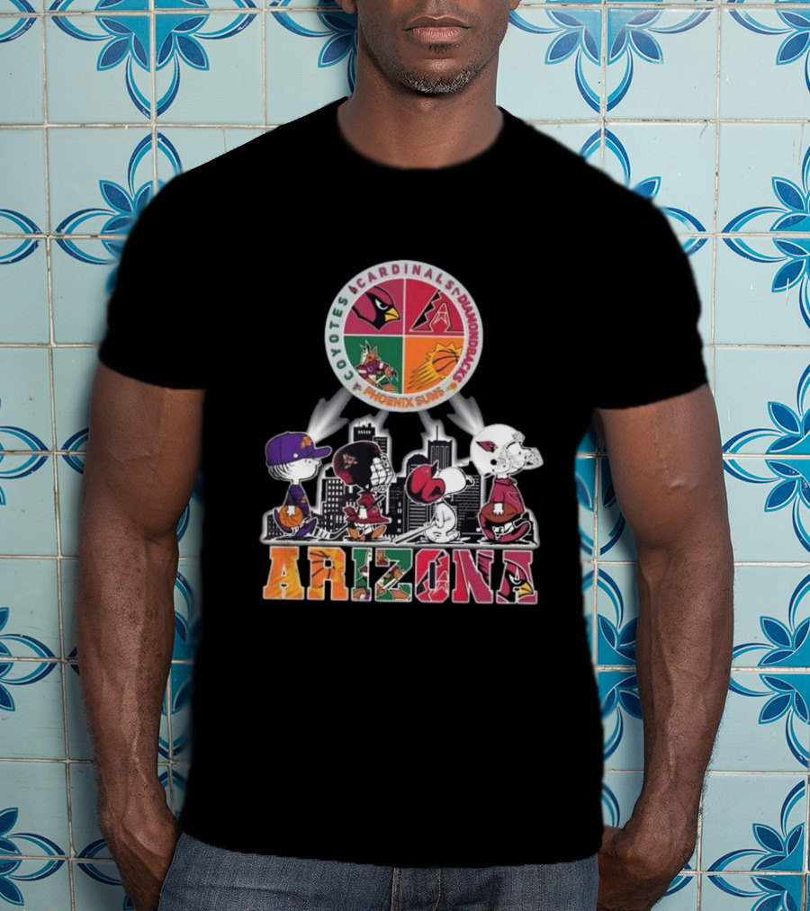 Snoopy Arizona Coyotes Cardinals Diamondbacks Phoenix Suns Peanuts Characters City Skyline T-Shirt