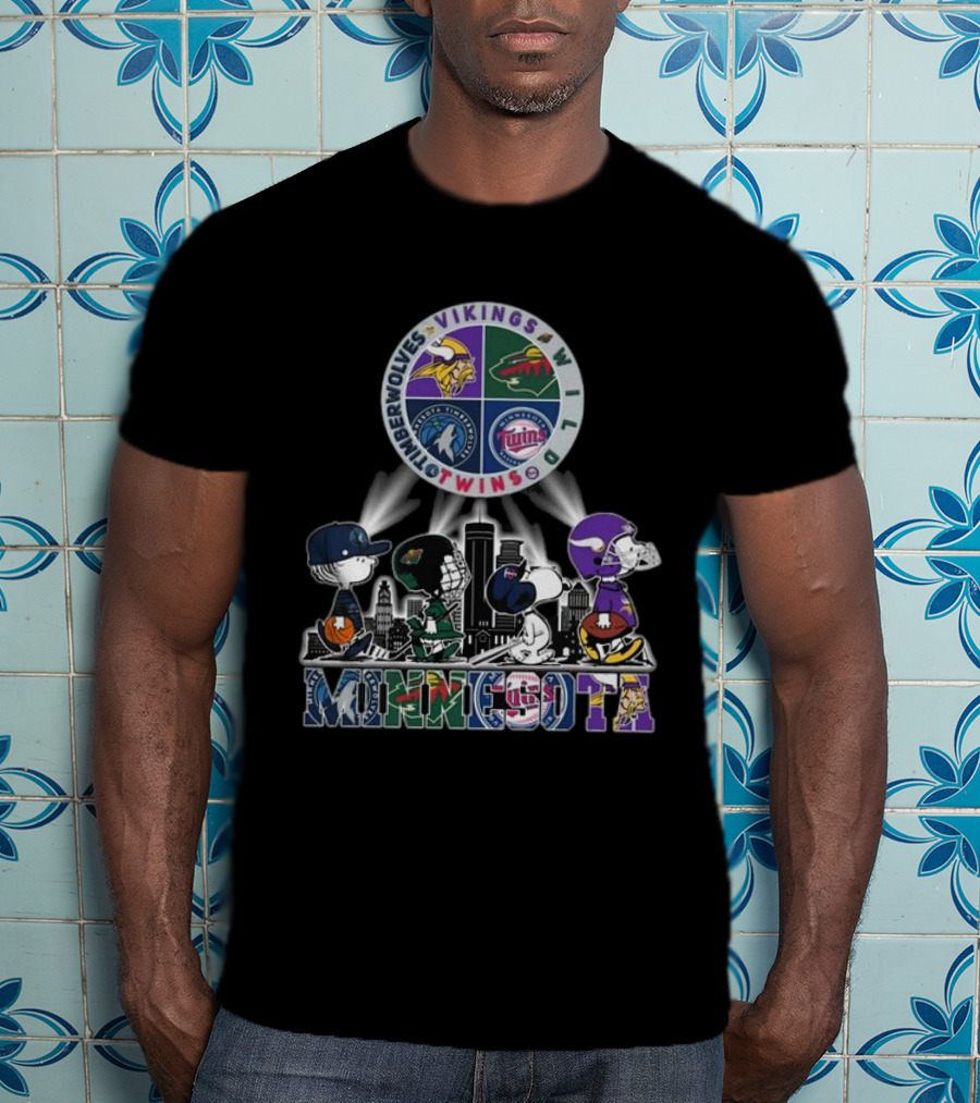 Snoopy Minnesota Twins Vikings Wild Timberwolves Peanuts Sports Logos Skyline T-Shirt