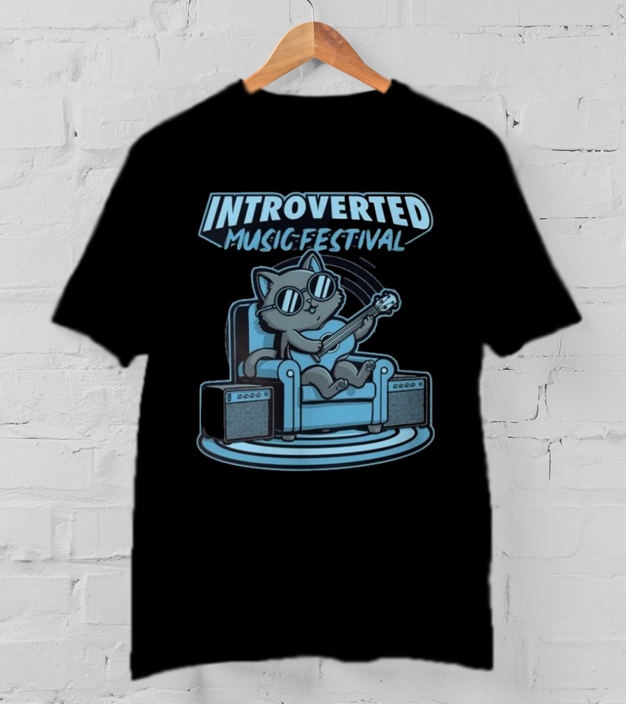 Introverted Music Festival Cat Playing Guitar On Couch With Amplifier T-Shirt