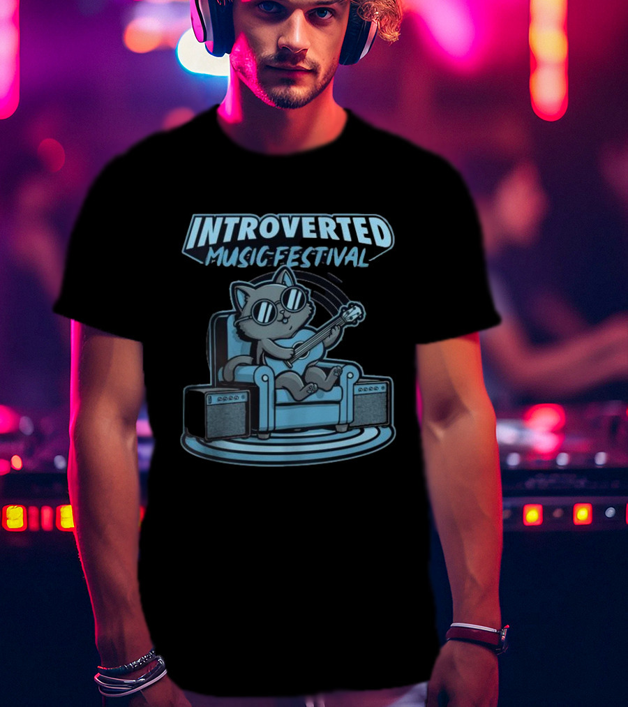 Introverted Music Festival Cat Playing Guitar On Couch With Amplifier T-Shirt