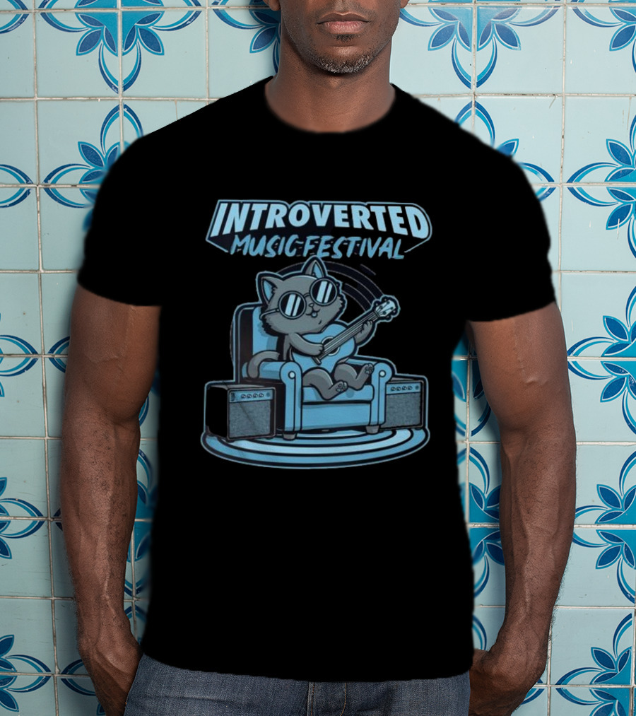 Introverted Music Festival Cat Playing Guitar On Couch With Amplifier T-Shirt
