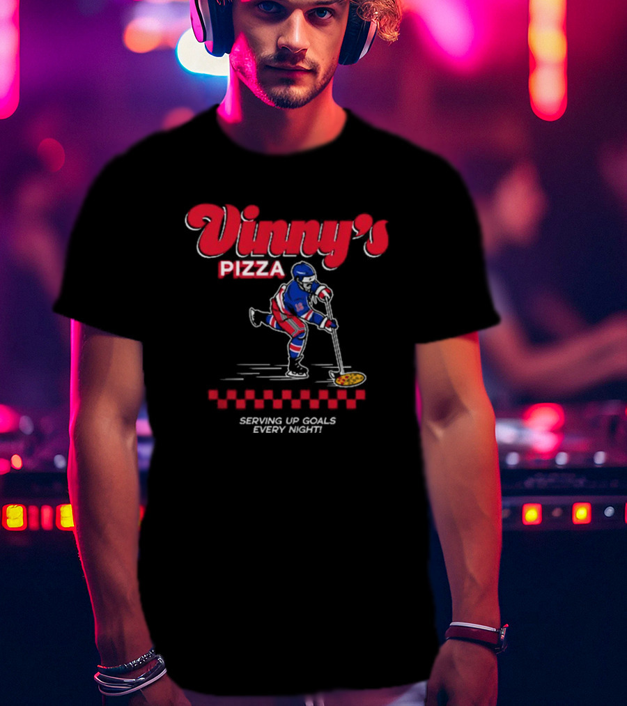 Vinny's Pizza Serving Up Goals Every Night Hockey Player With Pizza Stick T-Shirt