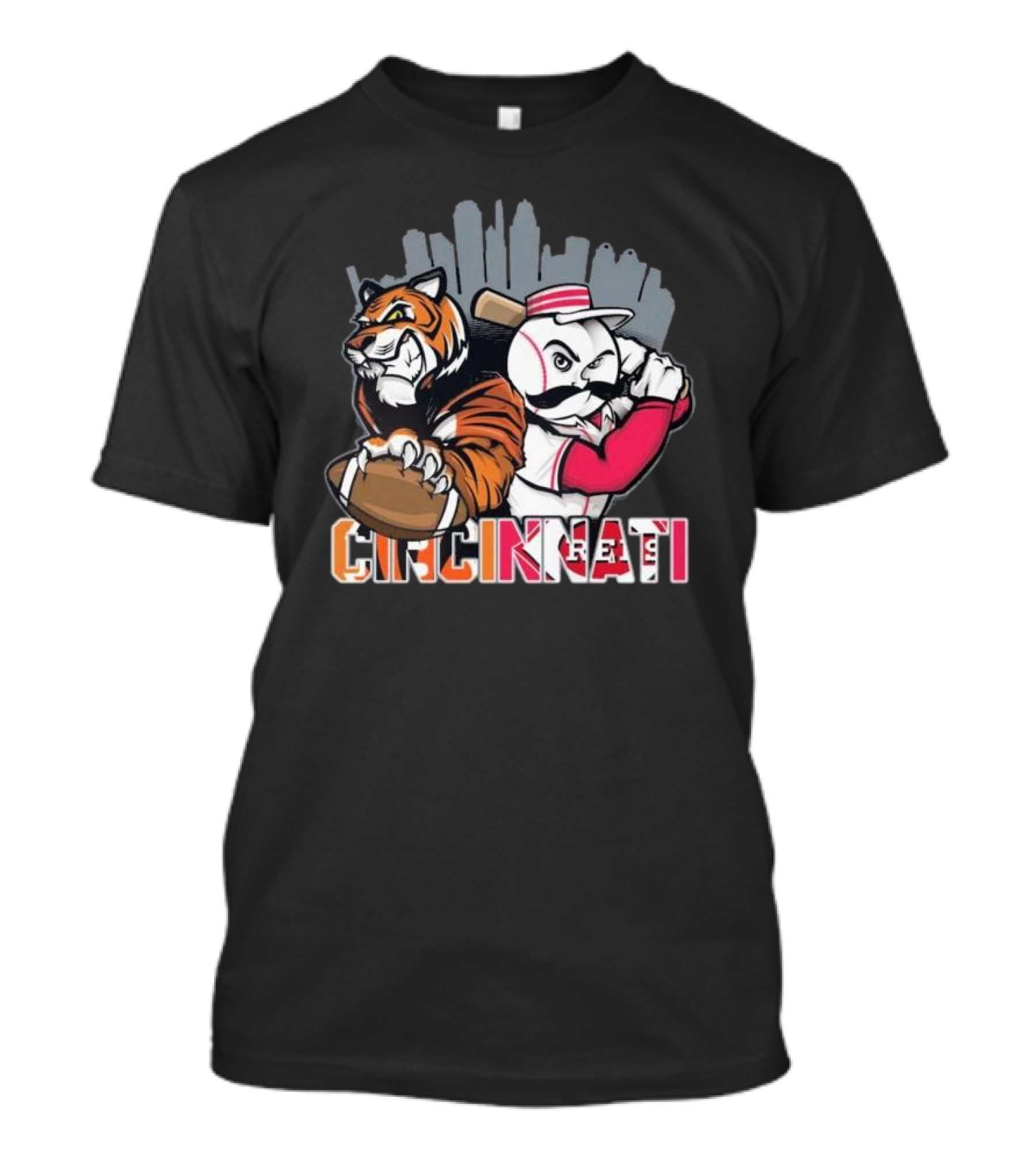 Cincinnati Bengals Tiger With Football And Mr. Redlegs Baseball Skyline T-Shirt