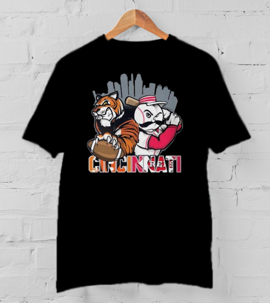Cincinnati Bengals Tiger With Football And Mr. Redlegs Baseball Skyline T-Shirt